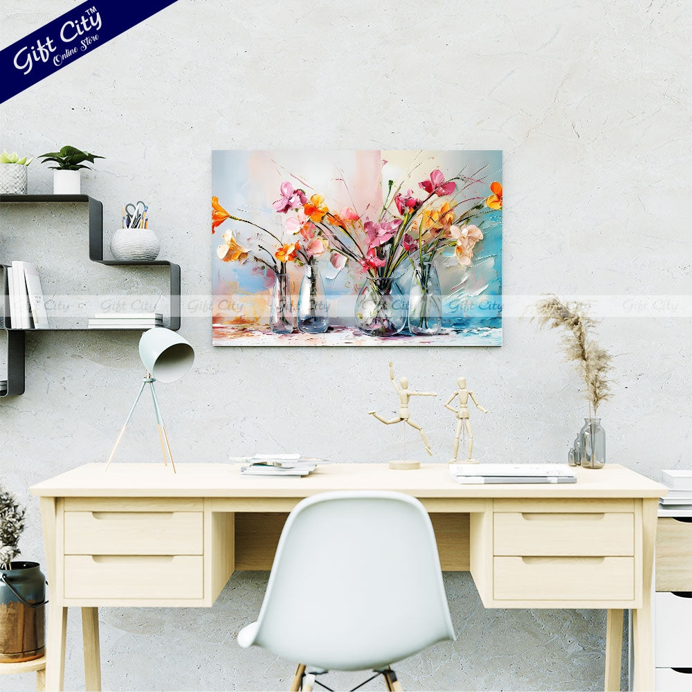 Gift City Presents Orange Flowers in Vase, 3D Heavy Textured Partial Oil Painting on Canvas with Colorful Splashes on White Floral Background Wall Hanging