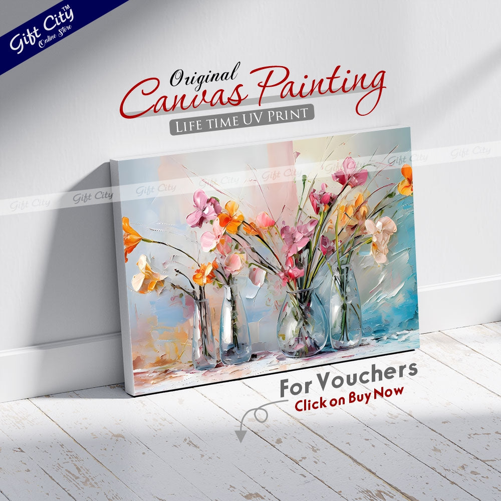 Gift City Presents Orange Flowers in Vase, 3D Heavy Textured Partial Oil Painting on Canvas with Colorful Splashes on White Floral Background Wall Hanging