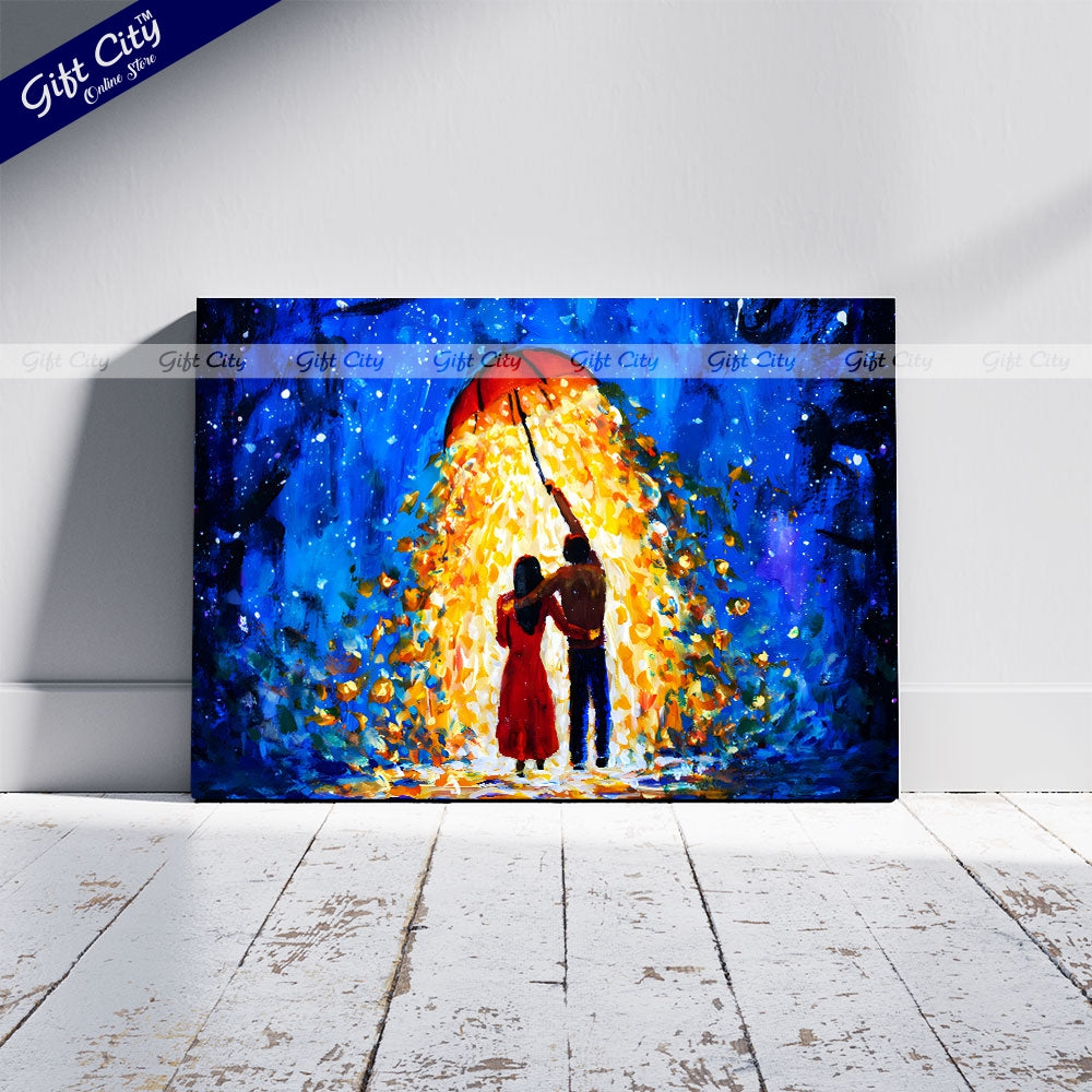 Gift City Presents Romantic Fantasy Art A Couple in Love Walks Under a Glowing Umbrella During a Starry Winter Night – UV Printed Oil Painting Canvas Wall Hanging