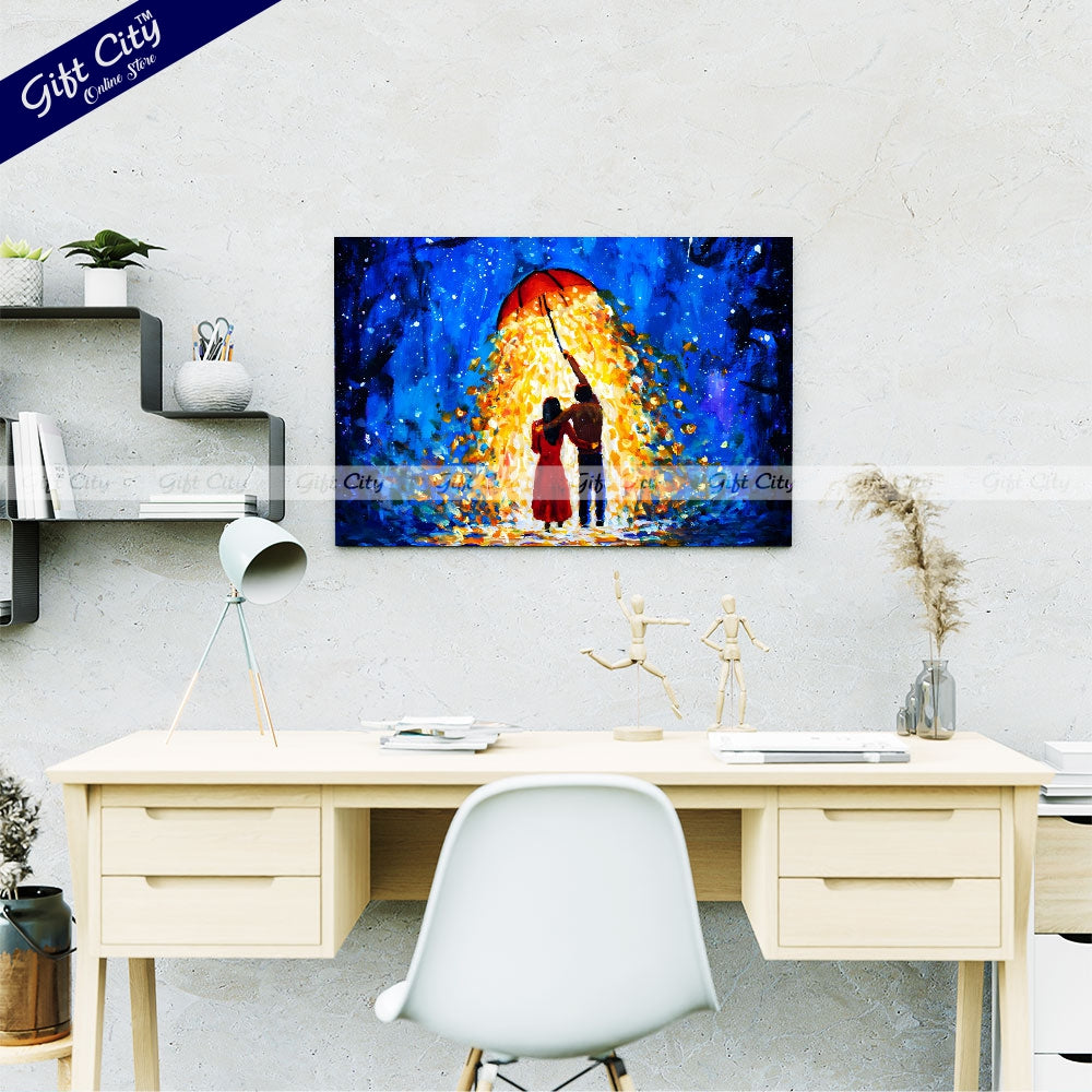 Gift City Presents Romantic Fantasy Art A Couple in Love Walks Under a Glowing Umbrella During a Starry Winter Night – UV Printed Oil Painting Canvas Wall Hanging