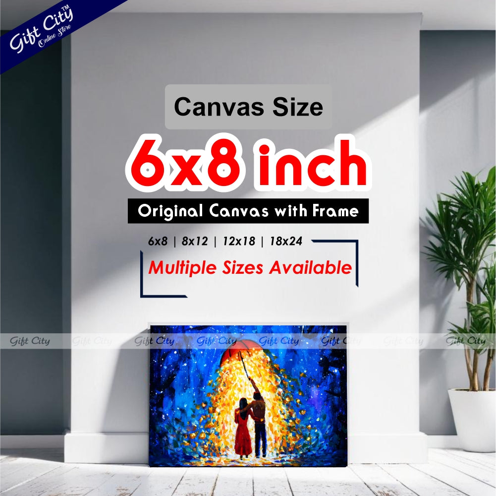 Gift City Presents Romantic Fantasy Art A Couple in Love Walks Under a Glowing Umbrella During a Starry Winter Night – UV Printed Oil Painting Canvas Wall Hanging