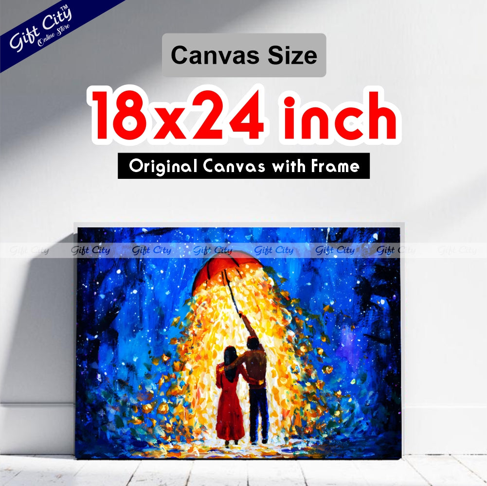 Gift City Presents Romantic Fantasy Art A Couple in Love Walks Under a Glowing Umbrella During a Starry Winter Night – UV Printed Oil Painting Canvas Wall Hanging
