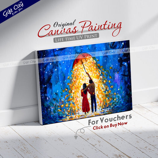 Gift City Presents Romantic Fantasy Art A Couple in Love Walks Under a Glowing Umbrella During a Starry Winter Night – UV Printed Oil Painting Canvas Wall Hanging