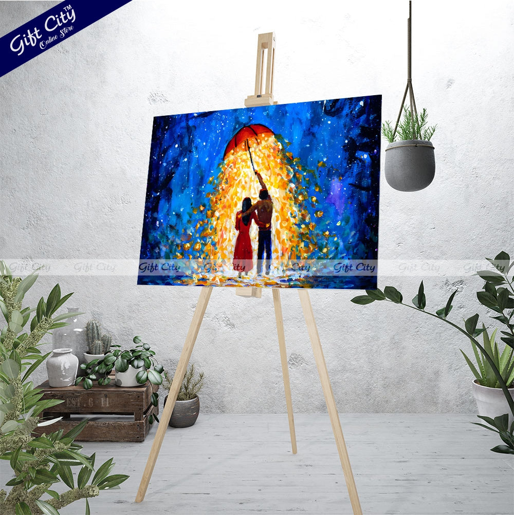 Gift City Presents Romantic Fantasy Art A Couple in Love Walks Under a Glowing Umbrella During a Starry Winter Night – UV Printed Oil Painting Canvas Wall Hanging