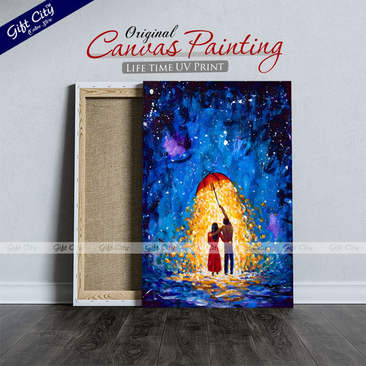 Gift City Presents Romantic Night Walk UV Printed Oil Painting on Canvas, Fantasy Couple in Love Under a Glowing Umbrella in a Starry Winter Night Wall Hanging