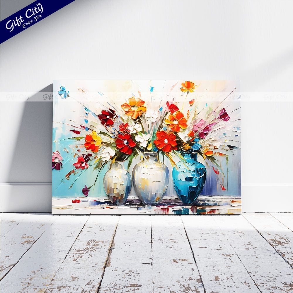 Gift City Presents UV Printed Oil Painting Canvas featuring a chunky flower painting in a vase, perfect for adding a vibrant touch to corporate offices, hotels, or any home decor Wall Hanging
