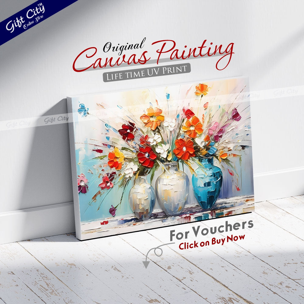 Gift City Presents UV Printed Oil Painting Canvas featuring a chunky flower painting in a vase, perfect for adding a vibrant touch to corporate offices, hotels, or any home decor Wall Hanging