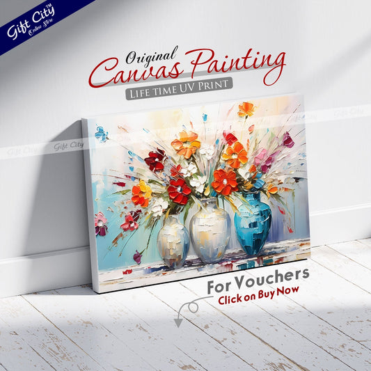 Gift City Presents UV Printed Oil Painting Canvas featuring a chunky flower painting in a vase, perfect for adding a vibrant touch to corporate offices, hotels, or any home decor Wall Hanging