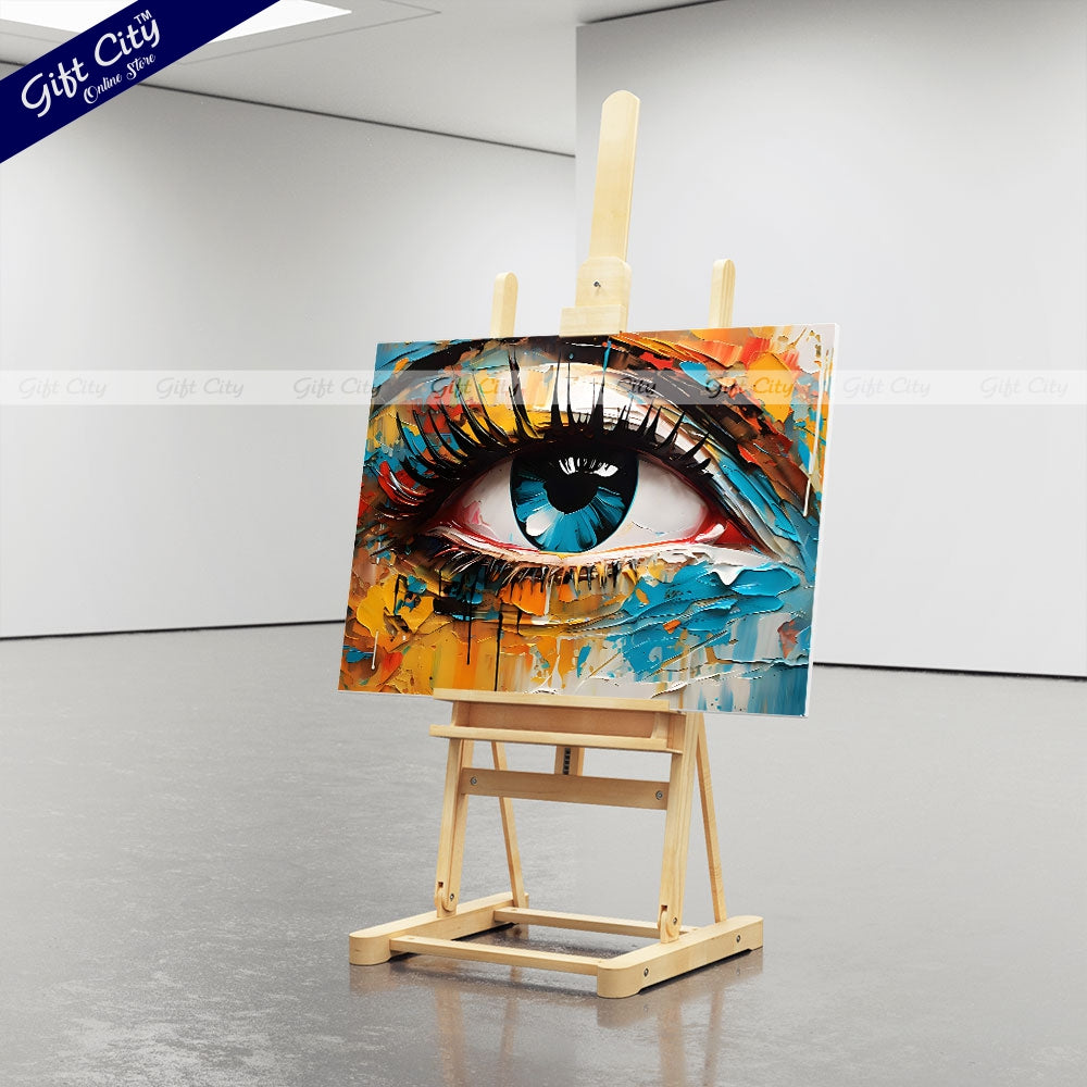 Gift City Presents UV Printed Oil Painting Canvas featuring a vibrant abstract close-up of a woman's eye in multicolored tones is perfect for modern home décor or creative interior spaces Wall Hanging