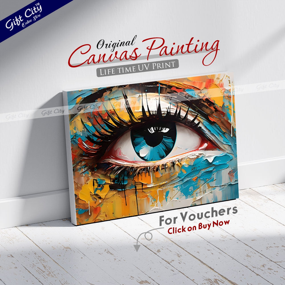 Gift City Presents UV Printed Oil Painting Canvas featuring a vibrant abstract close-up of a woman's eye in multicolored tones is perfect for modern home décor or creative interior spaces Wall Hanging