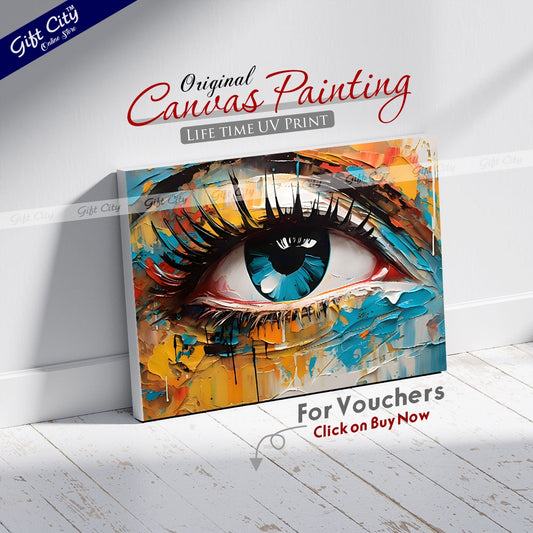 Gift City Presents UV Printed Oil Painting Canvas featuring a vibrant abstract close-up of a woman's eye in multicolored tones is perfect for modern home décor or creative interior spaces Wall Hanging