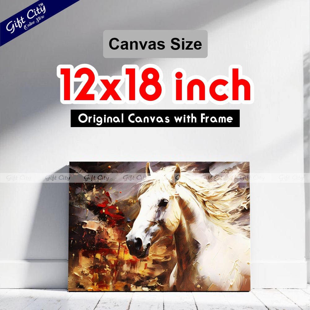 Gift City Presents UV Printed Oil Painting Canvas of a Beautiful White Horse with Smooth Skin and Fur, Featuring Abstract Gray Artistic Wall Art Wall Hanging