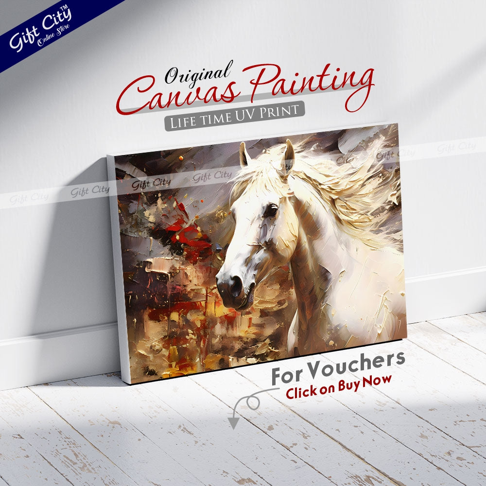 Gift City Presents UV Printed Oil Painting Canvas of a Beautiful White Horse with Smooth Skin and Fur, Featuring Abstract Gray Artistic Wall Art Wall Hanging