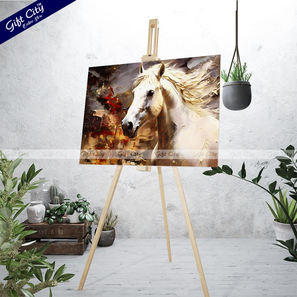 Gift City Presents UV Printed Oil Painting Canvas of a Beautiful White Horse with Smooth Skin and Fur, Featuring Abstract Gray Artistic Wall Art Wall Hanging