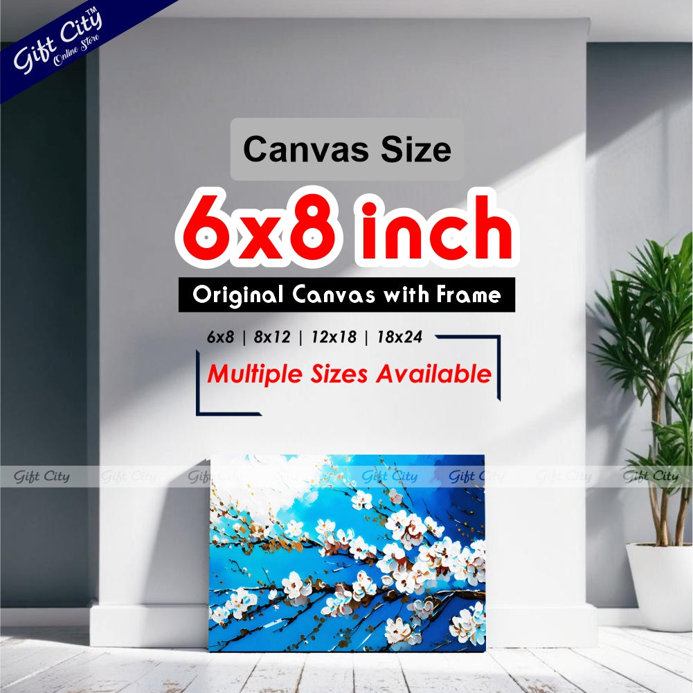 Gift City Presents An Abstract Oil Painting Canvas of White Cherry Blossoms on a Branch Against a Vibrant Blue Sky Wall Hanging