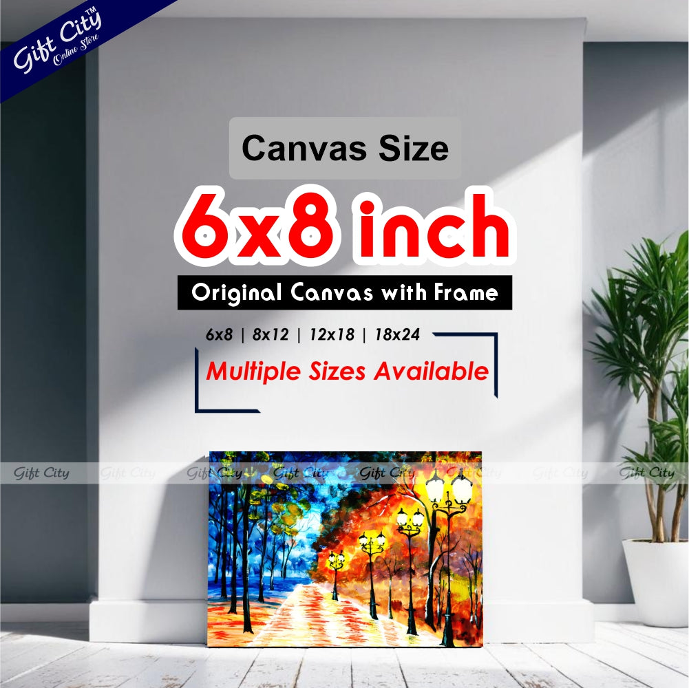 Gift City Presents Autumn Night City Alley | Original Expressionist Painting of a Blue-Orange Evening Park Cityscape, Impressionist Fine Art for Home Decor Wall Hanging