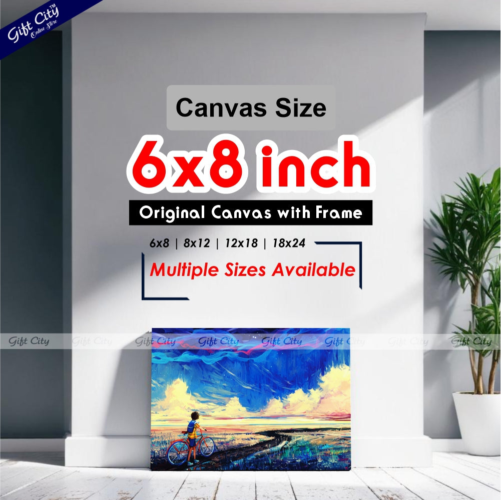 Boy on Bicycle With Blue Sky Canvas Painting - Gift City