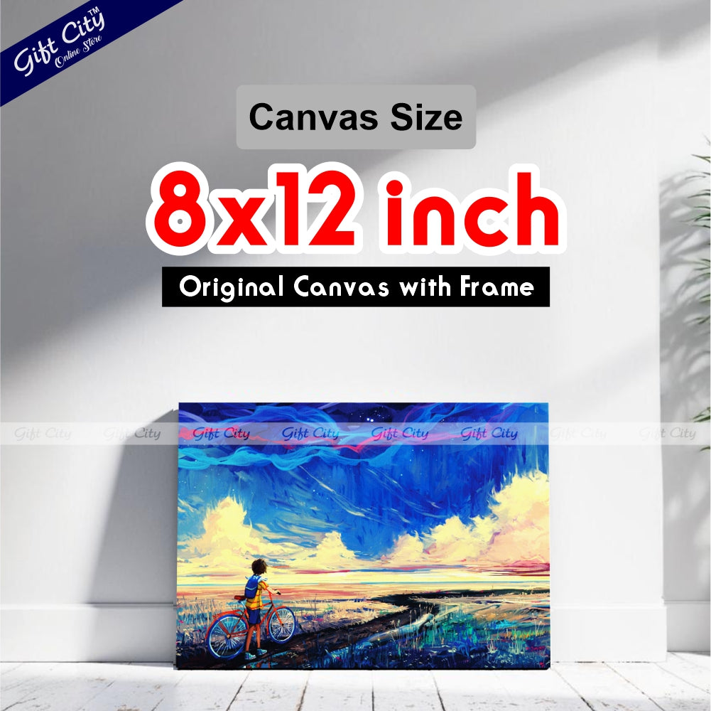 Boy on Bicycle With Blue Sky Canvas Painting - Gift City