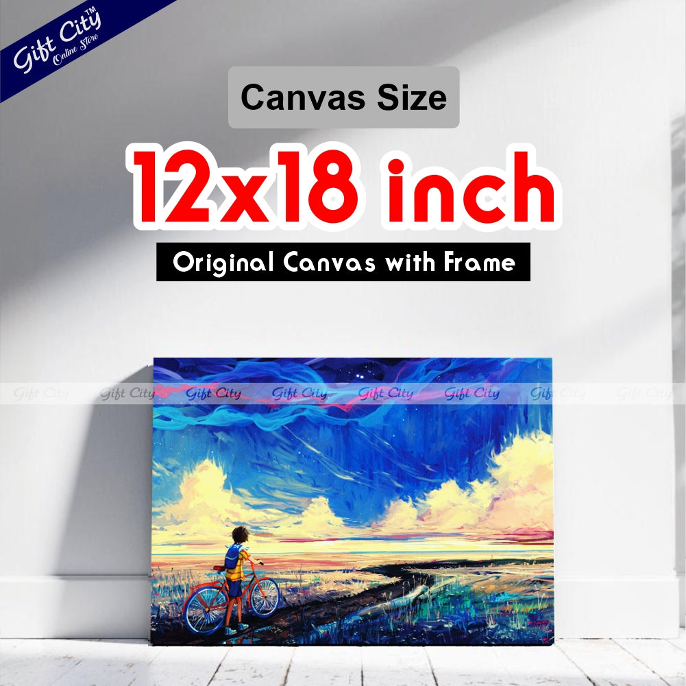 Boy on Bicycle With Blue Sky Canvas Painting - Gift City