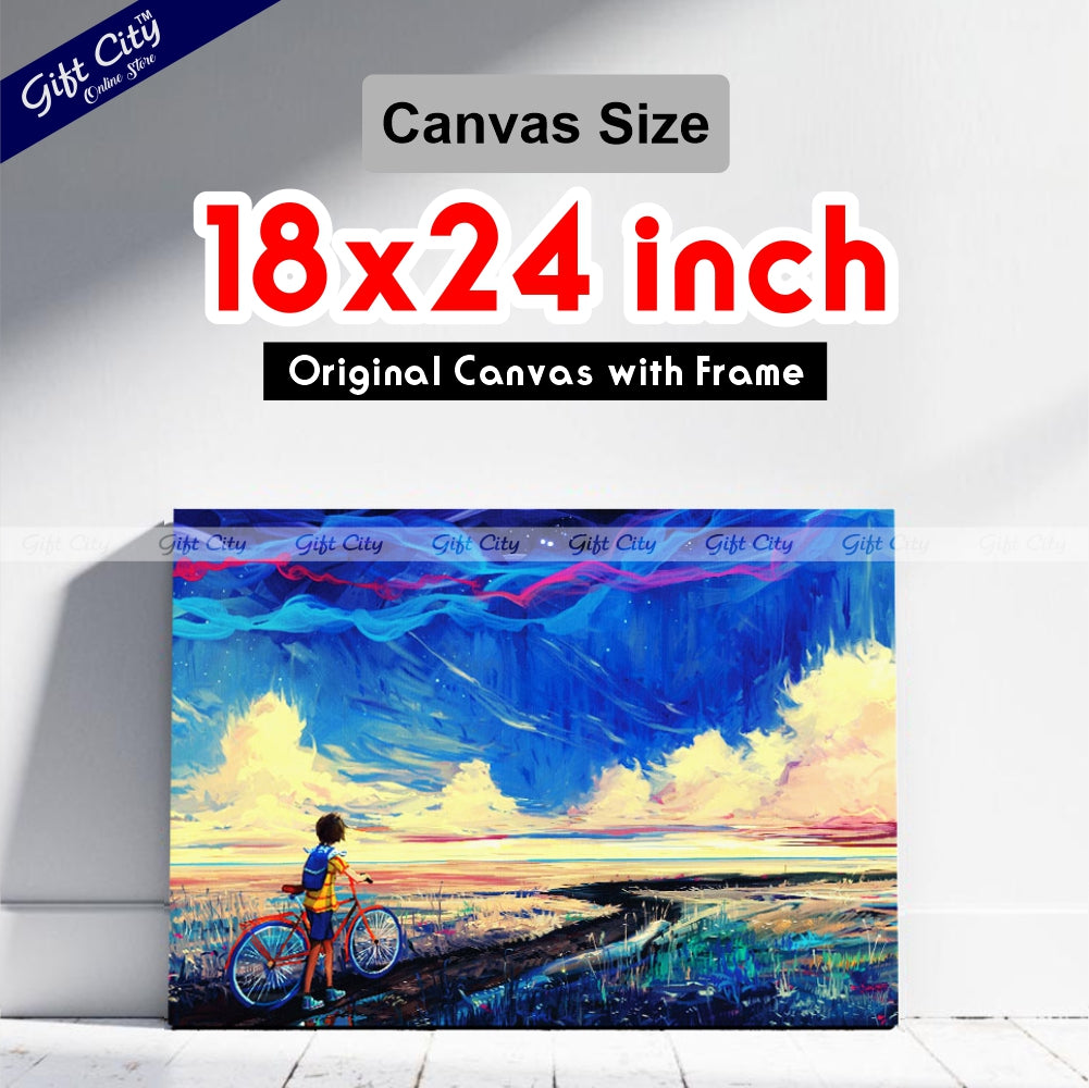 Boy on Bicycle With Blue Sky Canvas Painting - Gift City