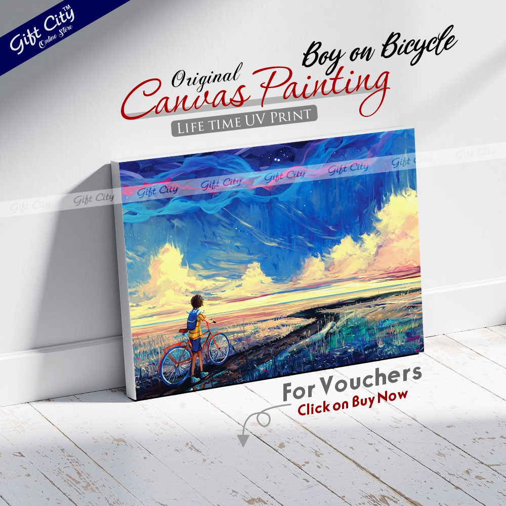 Boy on Bicycle With Blue Sky Canvas Painting - Gift City