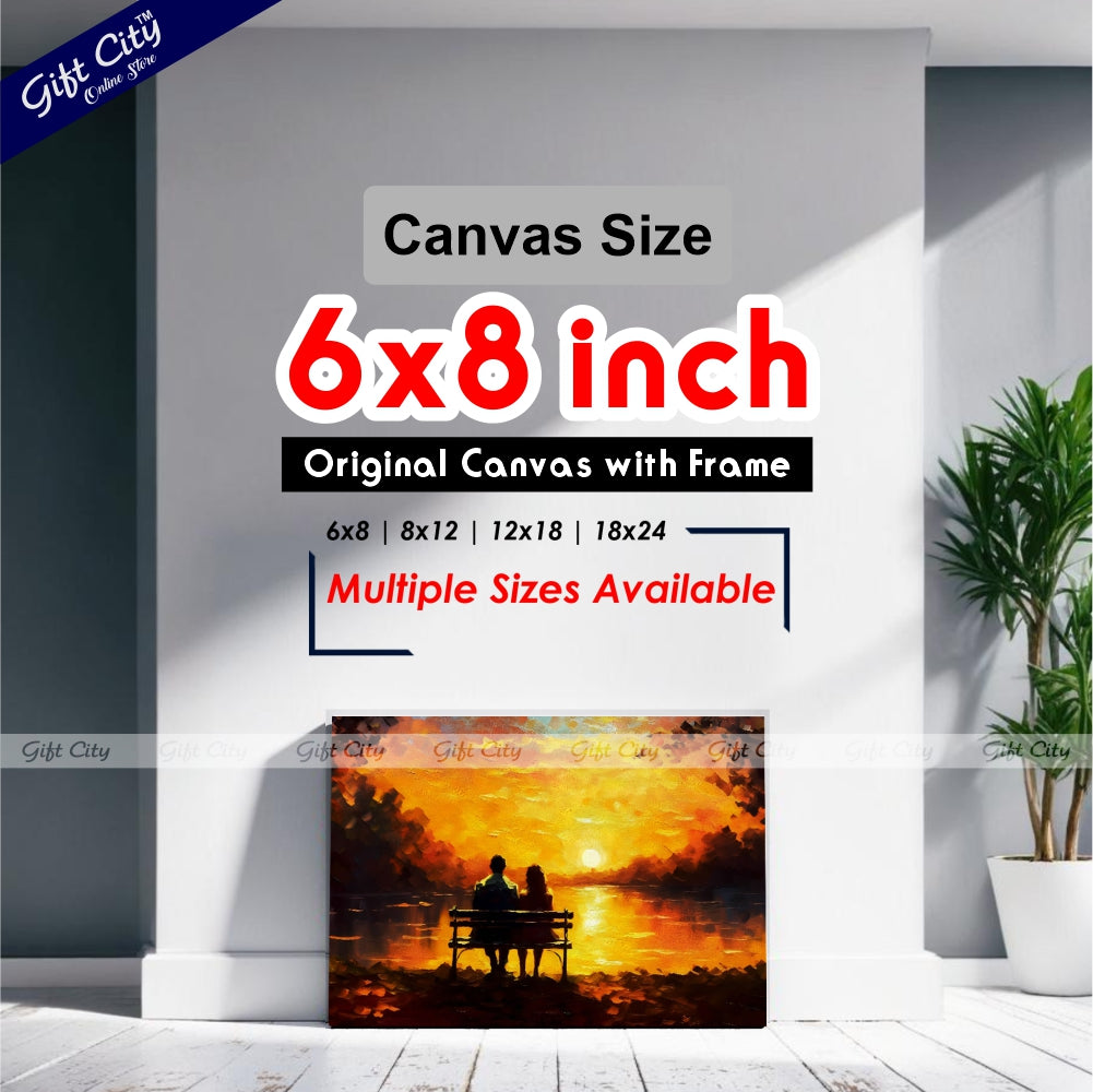 Gift City Presents Canvas of a loving Couple | a young man and beautiful girl are sitting on bench and enjoying beautiful view of yellow sunset | Multiple Sizes Wall Hanging