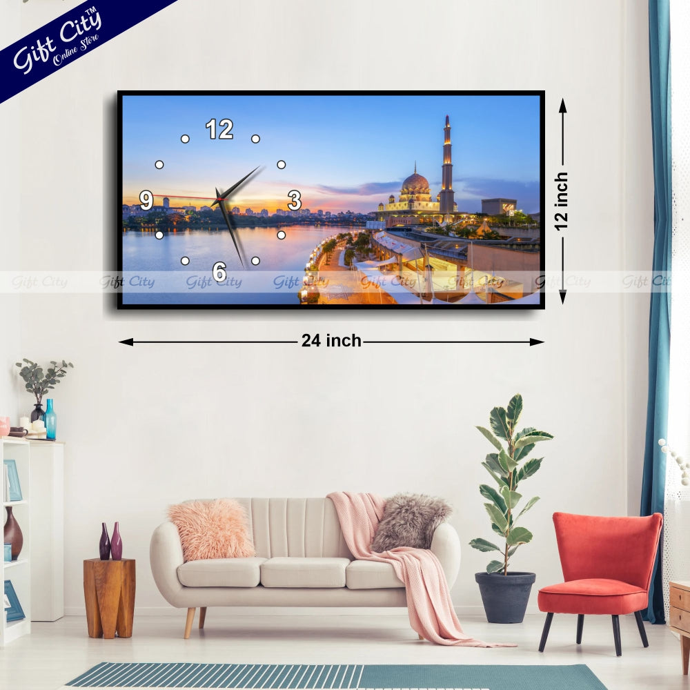 Gift City Modern Islamic Mosque Wooden Wall Clock with Bright Digital Wall Hanging Art - Ideal for Home or Office - 12x24 inch