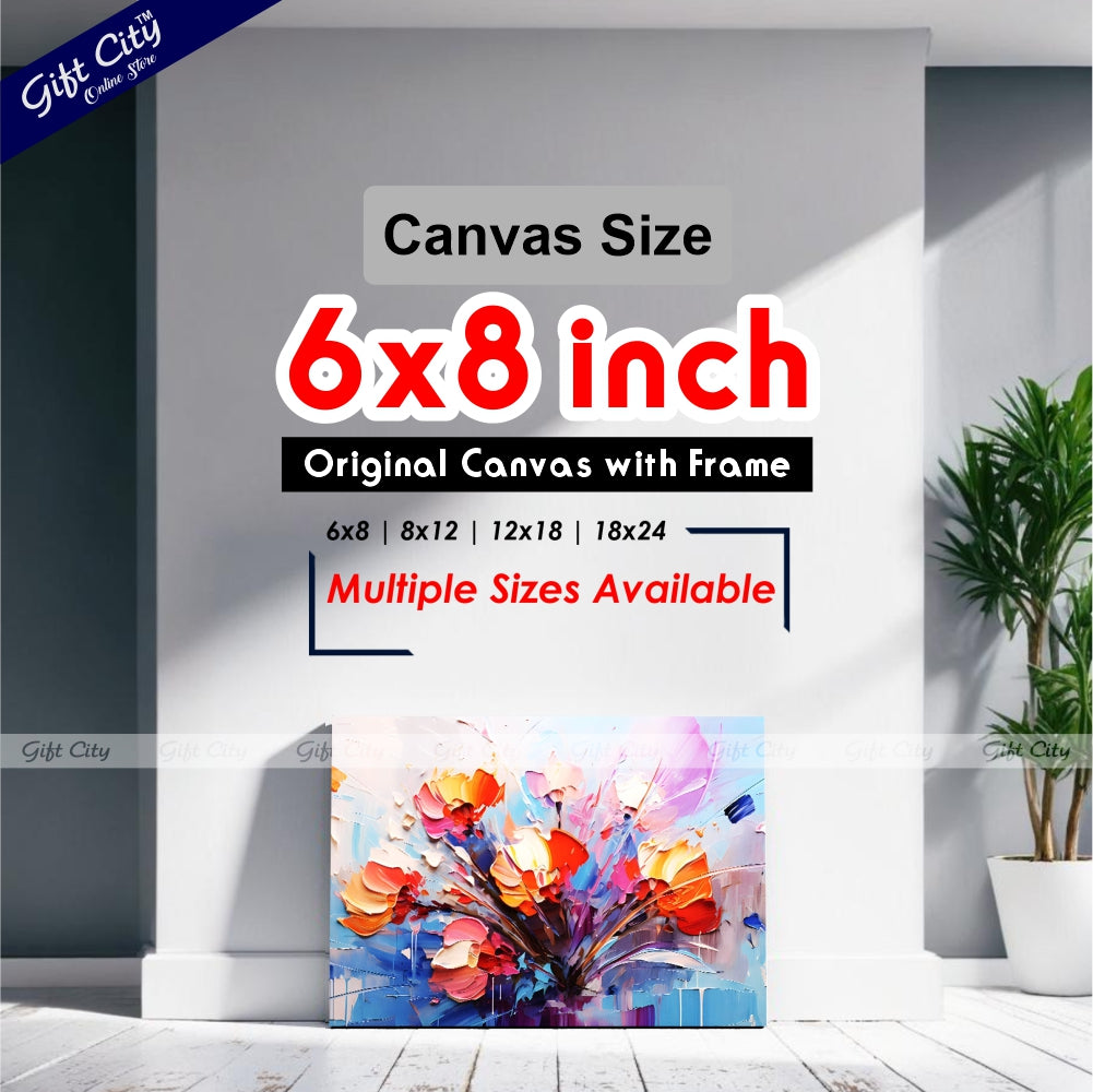 Gift City Presents Oil Painting Canvas - Modern Abstract Art - Vintage Floral Design with Golden Brushstrokes - Wooden Frame Wall Hanging