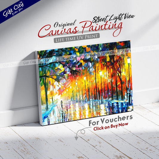 Street Light View Palette Knife Canvas Painting Wall Hanging - Gift City