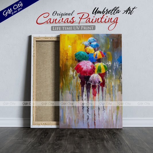 People With Umbrellas In Rain Canvas Painting with Frame Wall Wall Hanging for Home Decor - Gift City