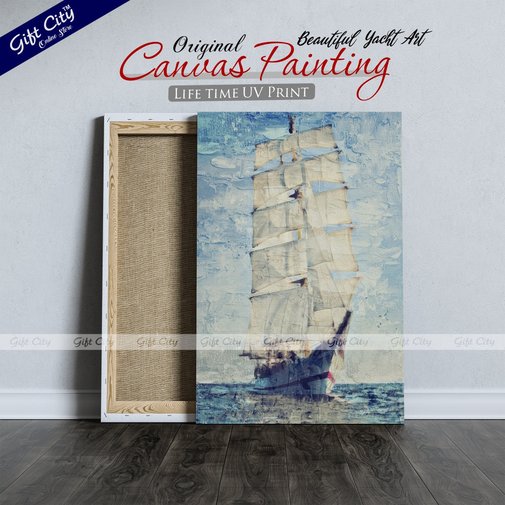 Yacht In Blue Ocean Palette Knife Art Canvas Painting Digital Art for Home Décor Wall Hanging - Gift City