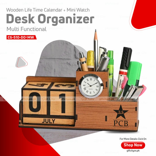 Customizable Wooden Desk Organizer with Lifetime Calendar & Mini Clock – Multi-Functional Office Decor