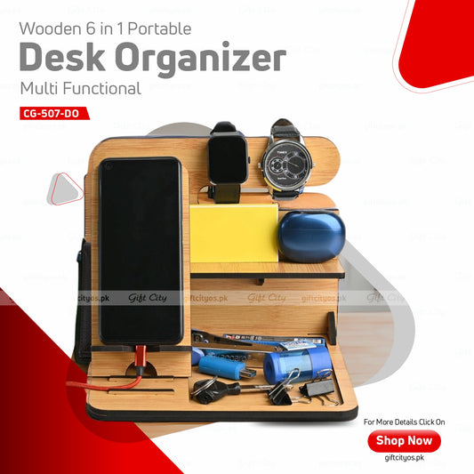 Customizable Wooden 6-in-1 Desk Organizer – Portable & Multi-Functional