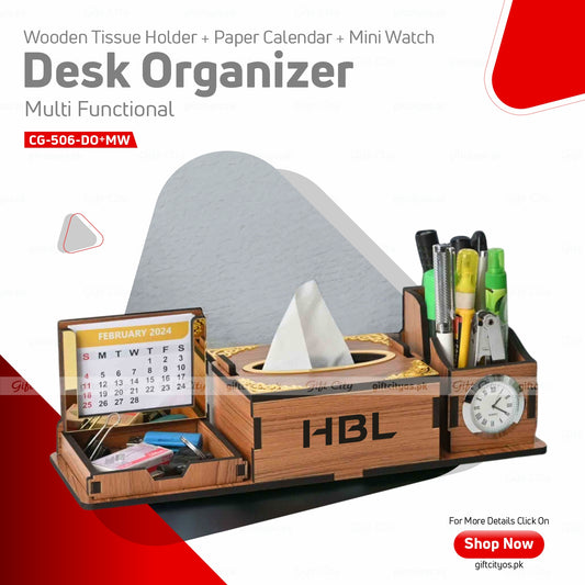Luxury Wooden Desk Organizer with Tissue Box, Calendar & Mini Clock – Customizable