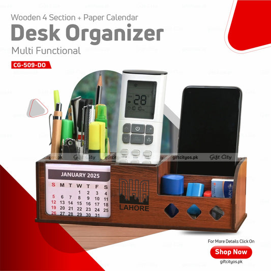 Personalized Wooden Desk Organizer with Calendar – 4 Compartments | Custom Logo Option