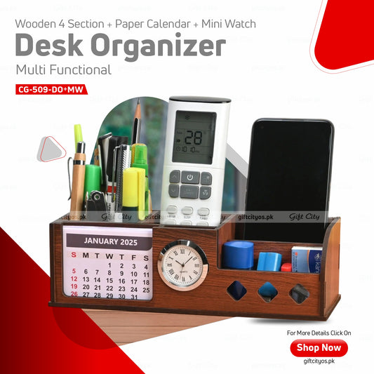 Wooden Desk Organizer with Mini Clock  Calendar – Custom Logo Option | 4-Section Holder