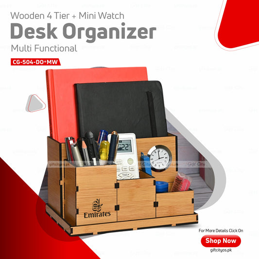 Four Compartment Desk Organizer with Clock | Multi-Functional Office Organizer | Ideal Corporate Gifts