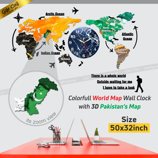 Gift City DIY Colorful World Map Wall Clock - Large 127cm for Home and Office