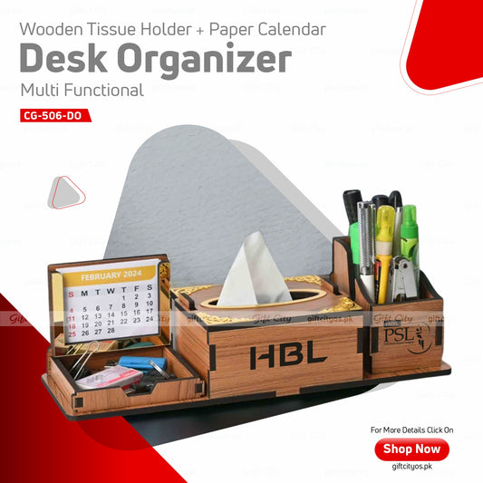 Premium Wooden Desk Organizer – Multi-Functional | Tissue Holder, Calendar & Storage Combo