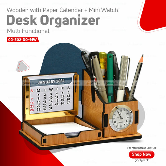 Premium Wooden Desk Organizer with Mini Watch & Calendar | Customizable for Branding