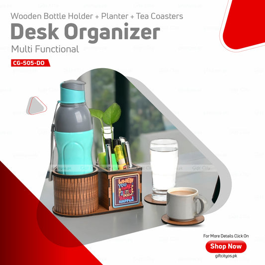 Multifunctional Wooden Desk Organizer – Bottle Holder | Planter | Pen Stand | Customizable