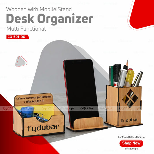 Customizable 3-in-1 MDF Wooden Desk Organizer with Mobile Stand, Card Holder & Pen Holder | Stylish Office Gift