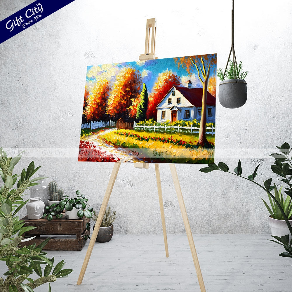 Oil Painting of Autumn Cottage Scenery, Featuring a Landscape with a White Building, Red Barn, House, Trees, Garden, Grass, Plants, Fence, and Flowers in a Sunny Scene on Canvas Wall Hanging