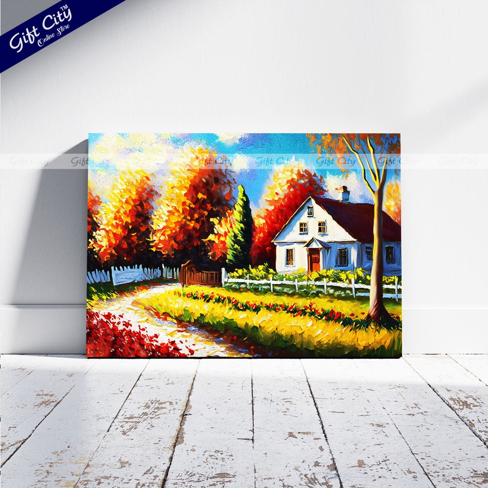 Oil Painting of Autumn Cottage Scenery, Featuring a Landscape with a White Building, Red Barn, House, Trees, Garden, Grass, Plants, Fence, and Flowers in a Sunny Scene on Canvas Wall Hanging