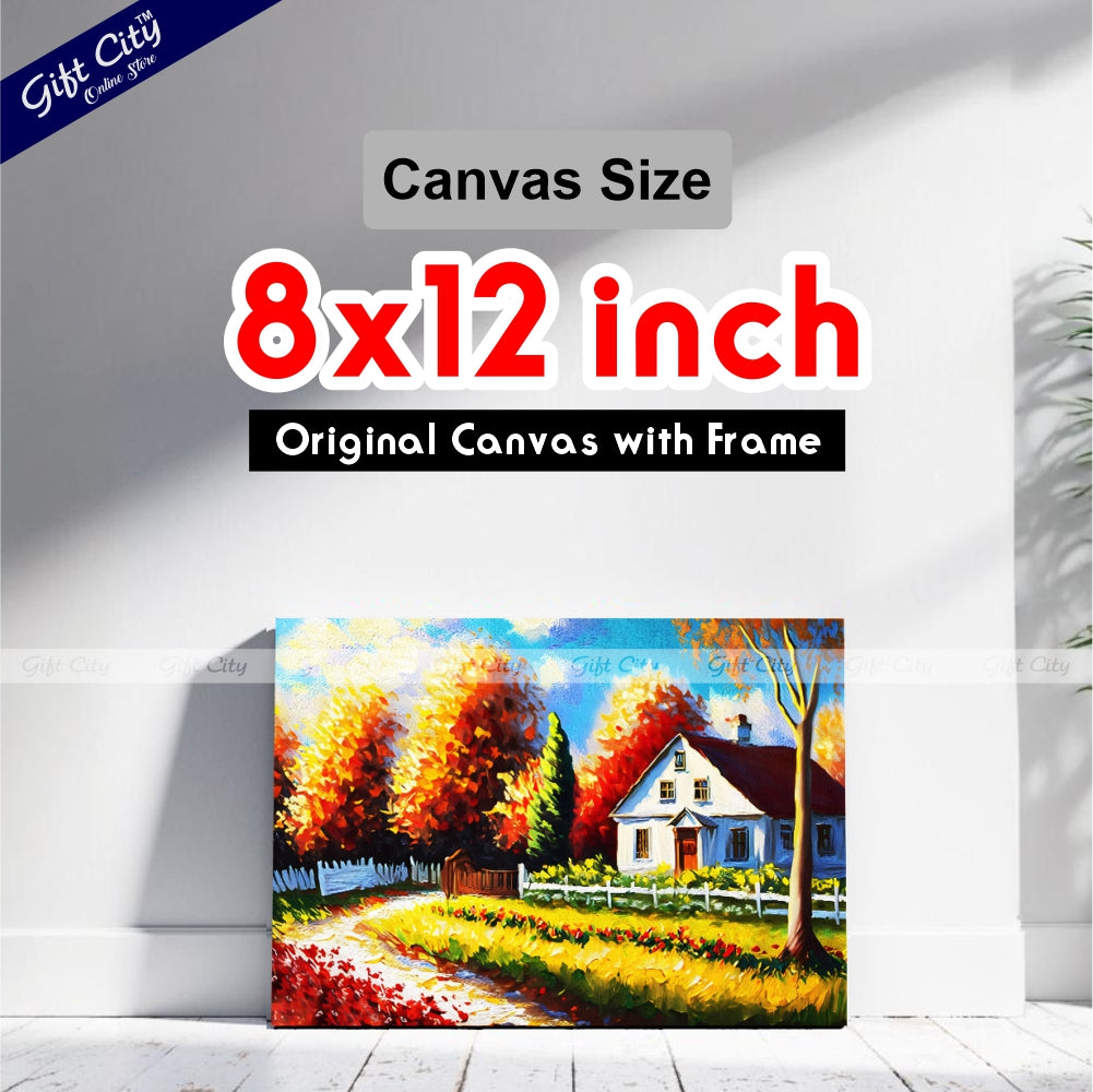 Oil Painting of Autumn Cottage Scenery, Featuring a Landscape with a White Building, Red Barn, House, Trees, Garden, Grass, Plants, Fence, and Flowers in a Sunny Scene on Canvas Wall Hanging