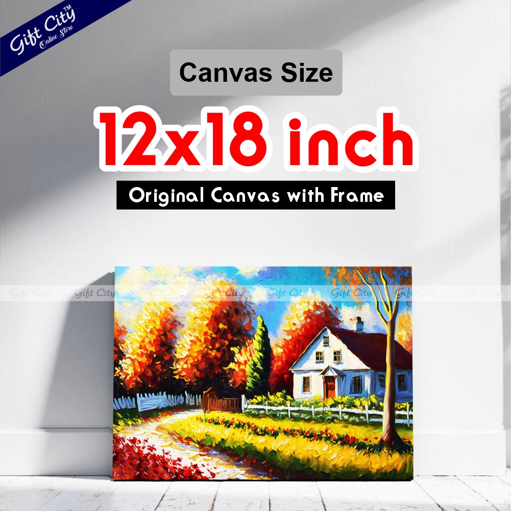 Oil Painting of Autumn Cottage Scenery, Featuring a Landscape with a White Building, Red Barn, House, Trees, Garden, Grass, Plants, Fence, and Flowers in a Sunny Scene on Canvas Wall Hanging