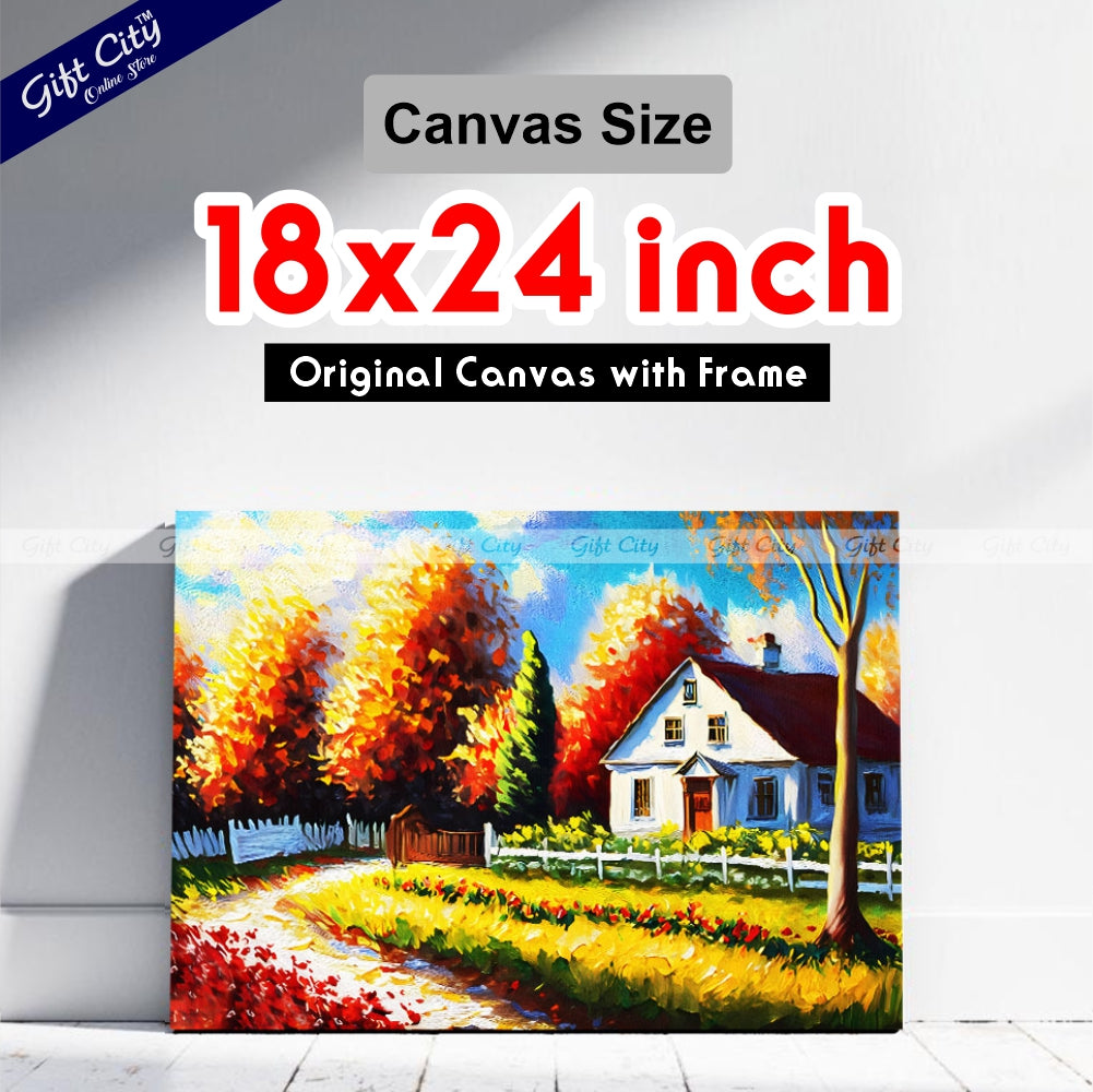 Oil Painting of Autumn Cottage Scenery, Featuring a Landscape with a White Building, Red Barn, House, Trees, Garden, Grass, Plants, Fence, and Flowers in a Sunny Scene on Canvas Wall Hanging