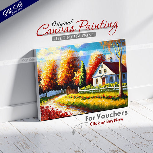 Oil Painting of Autumn Cottage Scenery, Featuring a Landscape with a White Building, Red Barn, House, Trees, Garden, Grass, Plants, Fence, and Flowers in a Sunny Scene on Canvas Wall Hanging