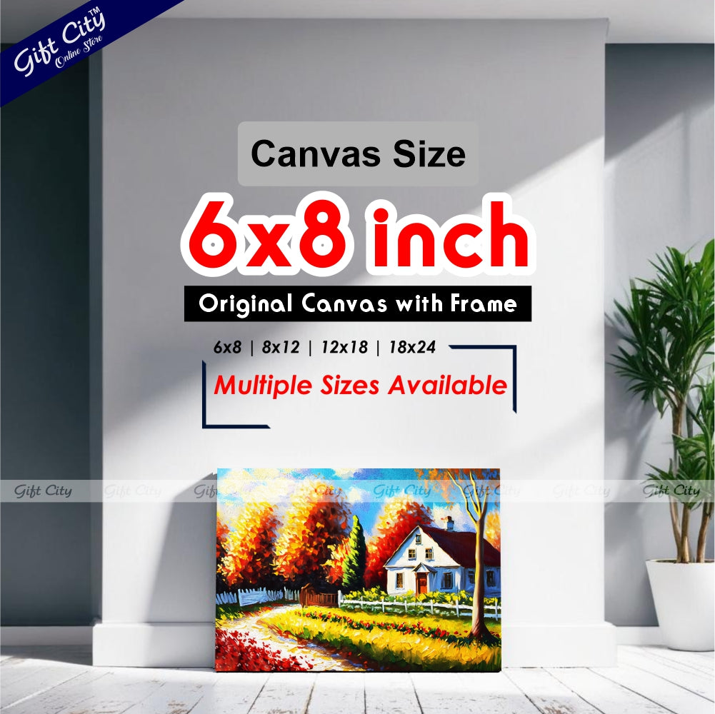 Oil Painting of Autumn Cottage Scenery, Featuring a Landscape with a White Building, Red Barn, House, Trees, Garden, Grass, Plants, Fence, and Flowers in a Sunny Scene on Canvas Wall Hanging