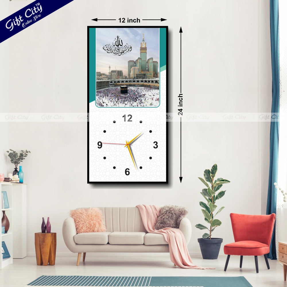 Gift City Refined Islamic Wooden Digital Print Wall Hanging Clock - Ideal for Modern Homes - 12x24 inch